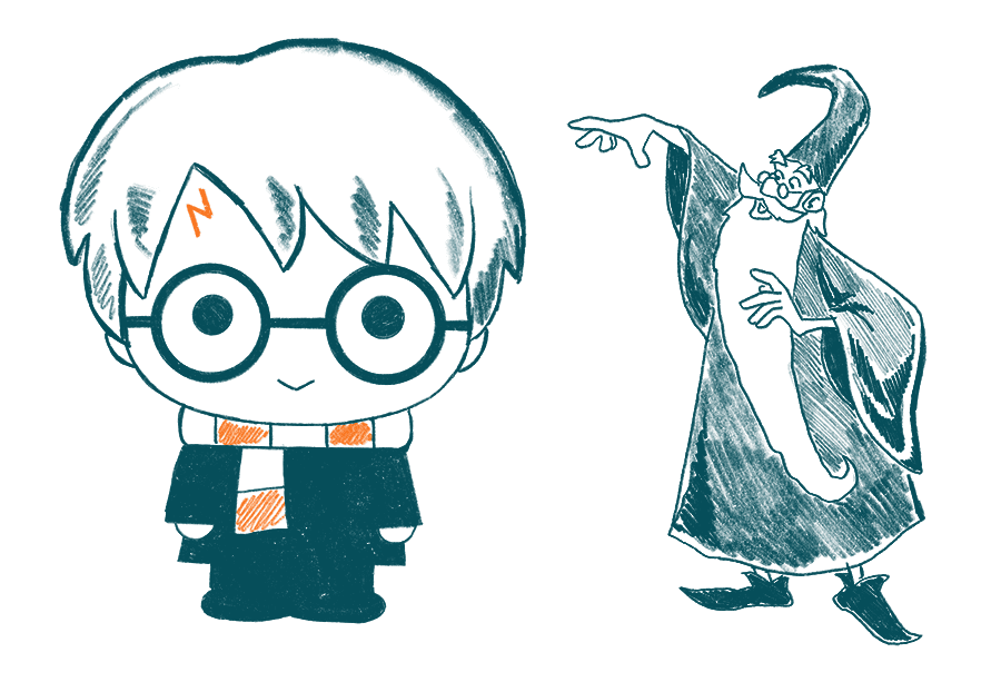 harry potter and wizard merlin in character design
